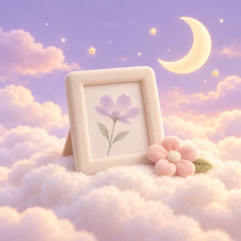 크림색 구름 위 꽃 그림이 담긴 부드러운 사진틀과 연분홍 꽃, 달과 별이 있는 연보라빛 꿈속 풍경